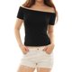 thumbnail image 1 of INSPIRE CHIC Blusa sólida de mujer con mangas cortas, hombros descubiertos, longitud a la cadera, talla L, color negro, 1 of 8