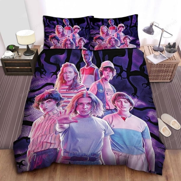 Stranger Things Hawkins Kids Facing Dangerous Creatures Quilt Duvet Cover Set3-Piece Bedding Set (1 Duvet Cover + 2 Pillow Shams)
