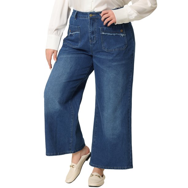 GRACE & GRANDEUR Jeans de Pierna Ancha de Talle Alto para Mujer de Talla Grande, Denim Lavado Elástico con Bolsillos 1X Azul Medio