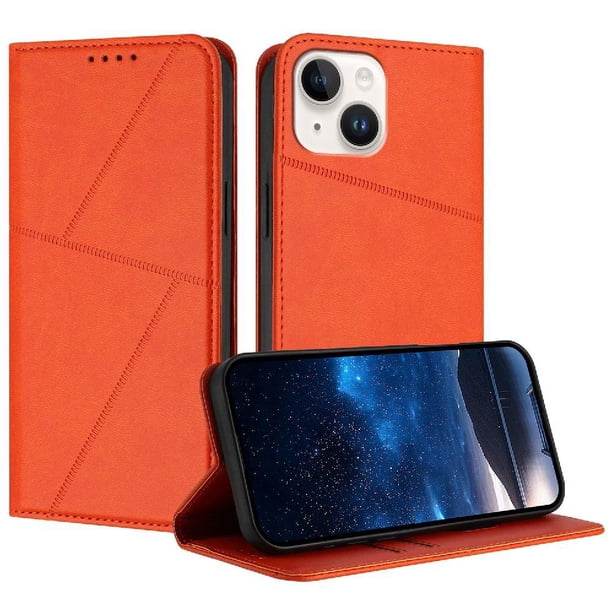 Funda Cartera Magnética para iPhone 15 Plus Protección Antichoque con Ranuras Naranja