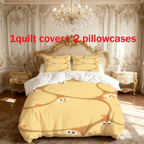 3pcs Cartoon Chick Themed Printed Bedding Set | Includes 1 Duvet Cover and 2 Pillowcases Machine Washable