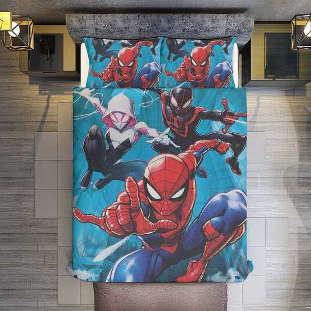 Spider-Man and Friends 3 Piece Sets Full/Queen Size - Reversible Microfiber Quilts with 2 Shams Soft Lightweight Bedspread Coverlet Comforter for All Season Bed Sheets