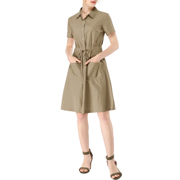 INSPIRE CHIC Vestido Mini de Mujer para Regreso a Clases con Ajuste y Vuelo, Cuello con Bolsillo, Cintura Elástica, Talla XL, Caqui Oscuro