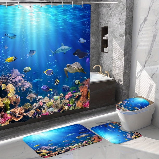 4pcs Shower Curtain Sets With 12 Hooks, Nature Ocean Sea Turtle And Fish Pattern Non-Slip Rugs, Toilet Lid Cover And Bath Mat, Durable And Waterproof, For Bathroom Decor Set, 71" X 71"
