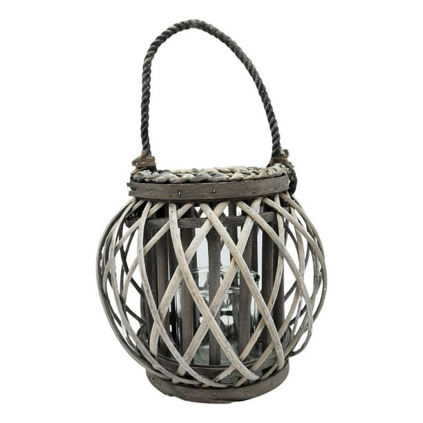 Candelabro Porta Vela Mimbre Rustico Gris Redondo Terraza gris