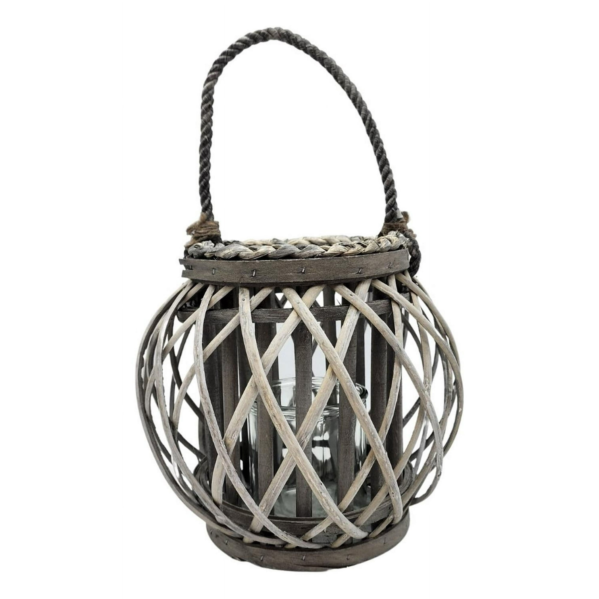 Fliperex - Candelabro Porta Vela Mimbre Rustico Gris Redondo Terraza Gris