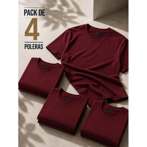 Pack 4 Poleras Basicas Cuello Redondo 100% Algodon 200g Burdeo L Lisa