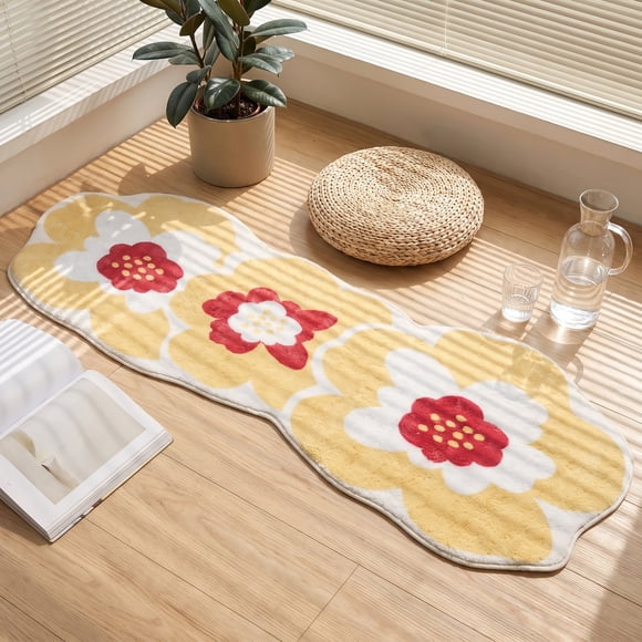 Alfombra de Pasillo REGALWOVEN Shaggy de Piel Sintética, Alfombra Larga Antideslizante para Pasillo, Lavable, Moderna, para el Lado de la Cama, Flor Amarilla 47" x 16"