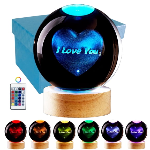 Lámpara 3D con forma de bola de cristal, luz nocturna LED realista en forma de corazón, 16 luces que cambian de color, mando a distancia regulable, lámpara romántica con texto en inglés «I Love You»