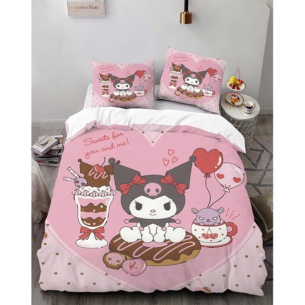 Cartoo-n Bunn-y 3-Piece Bed- Set Warm- and- Comfort Kawaii Bedd-ing Set C-ute Soft Microfib-er Bedc-loths for -Boys Girls Kids -Twin