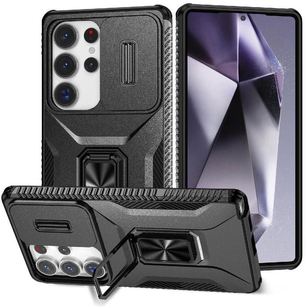 Funda Armada para Samsung Galaxy S25 Ultra con Tapa Deslizante y Soporte Magnético Giratorio Negro