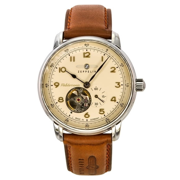 Reloj Zeppelin Mediterranee Leather Strap Open Heart Beige Dial Automatic 96665 Men's Watch