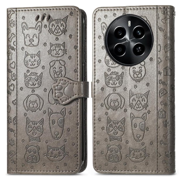 Funda Cartera FOXDOCK para Realme 13 , Flip PU con Relieve de Gatos y Perros, Tarjetero y Soporte