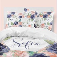 Milsleep - Juego De Cama Infantil Personalizado Floral Melocotón Y Azul Marino (Edredón O Funda Nórdica)