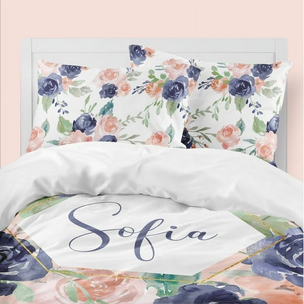 Juego de Cama Infantil Personalizado Floral Melocotón y Azul Marino (Edredón o Funda Nórdica)