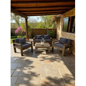 Terraza Rústica Miaruste Modelo Ambar 4 Cuerpos Color Madera Roble Cojinería Gris Oscuro