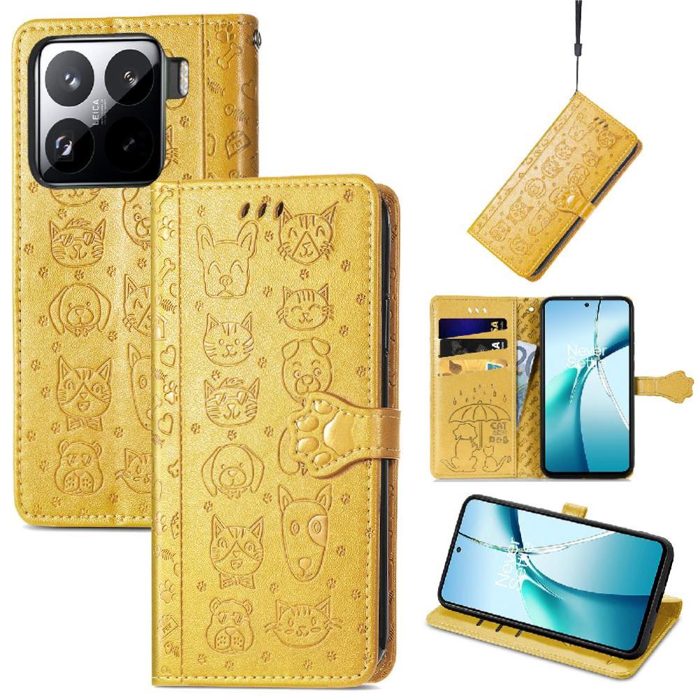 Funda Cartera Foxdock Para Xiaomi 15 , Flip Pu Con Relieve De Gatos Y Perros, Tarjetero Y Soporte