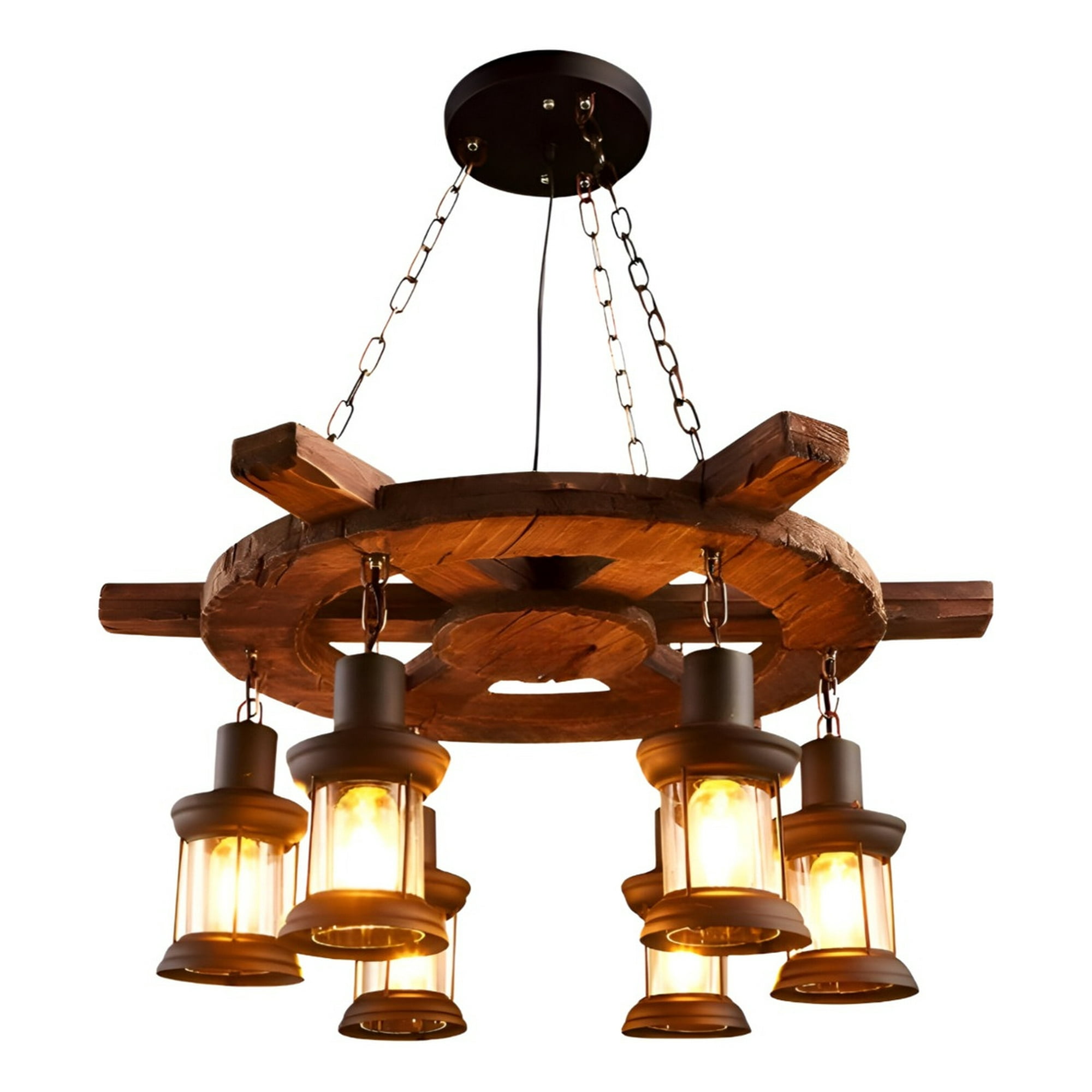Genérico - Lámpara Colgante Decorativa Madera Timón Rústica 6 Farol Jhn