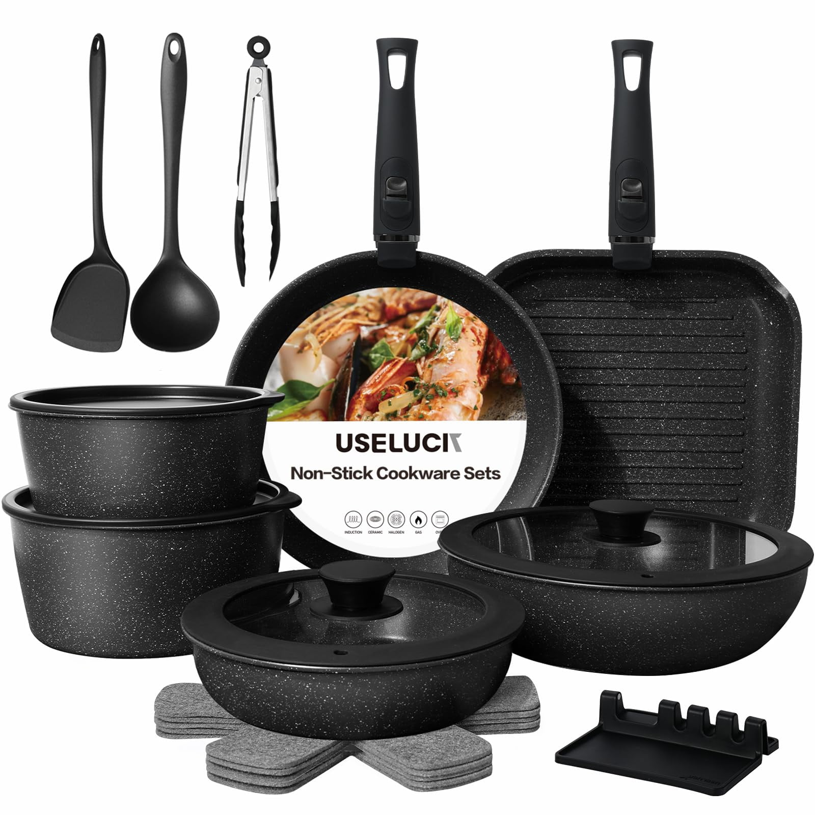 Juego De Utensilios De Cocina Useluck, Cerámica Antiadherente, 21 Piezas, Inducción