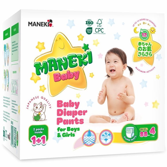 Pañales tipo pantalón MANEKI para bebé Talla 4 L 88 unidades Hipoalergénicos