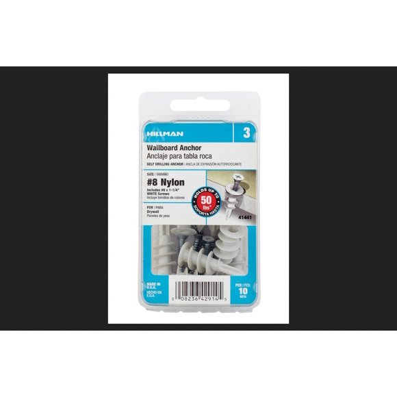 Wallboard Anchors Hillman, nailon, 4,2 mm de diámetro x 3,2 cm de largo, paquete de 10