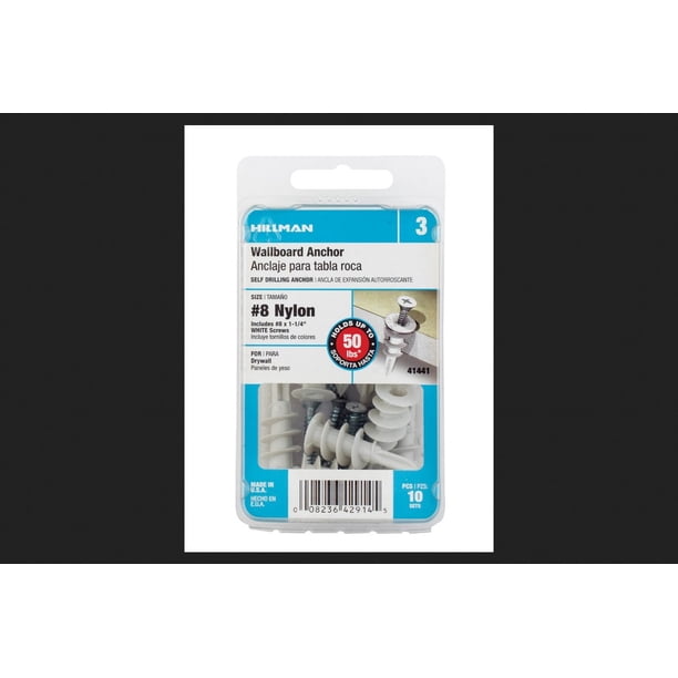 Wallboard Anchors Hillman, nailon, 4,2 mm de diámetro x 3,2 cm de largo, paquete de 10