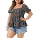 thumbnail image 4 of Agnes Orinda Blusas Florales de Talla Grande para Mujer con Cuello de Corazón, Manga Corta, Dobladillo con Volantes, Espalda Fruncida, Casual de Verano, Babydoll, Talla 1X, Negro, 4 of 6