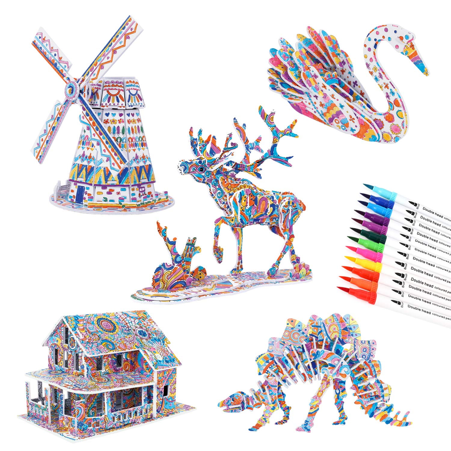 Juego De Rompecabezas Para Colorear 3d Bearun Con 12 Rotuladores De Doble Punta
