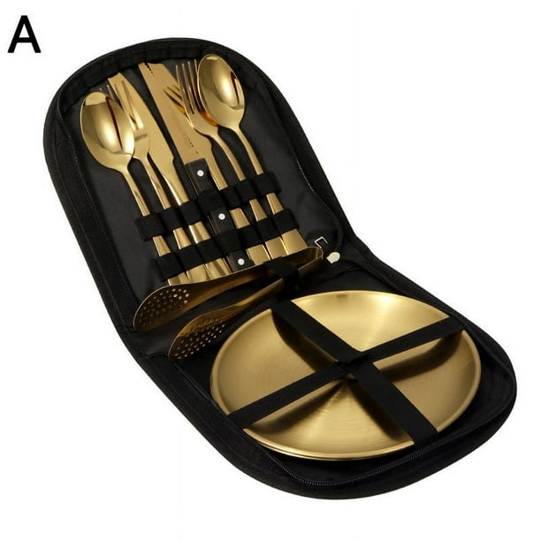 Enjoy Outdoor Dining with our 10-Piece Stainless Steel Camping Silverware Kit in a Portable Handbag - Perfect for Cooking, Camping, Mountaineering, Travel, and Picnics!