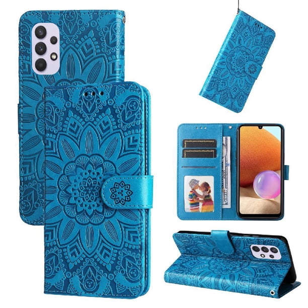 Funda tipo cartera FOXDOCK para Samsung Galaxy A32 4G , diseño girasol en relieve, cuero PU, cierre magnético, soporte y tarjetero