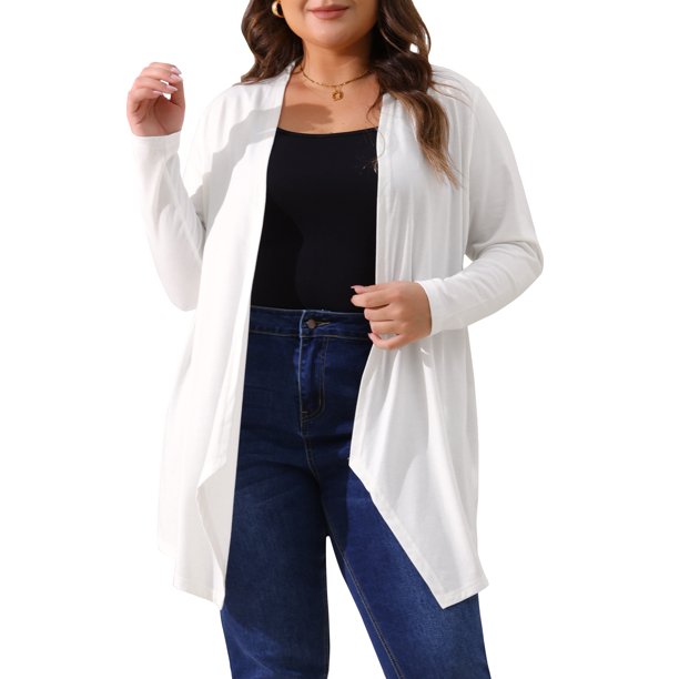 Agnes Orinda Cárdigan de Talla Grande para Mujeres Escuela Universidad Manga Larga Abierto al Frente Ligero Dobladillo Alto Bajo Cubiertas Draped 3X Blanco