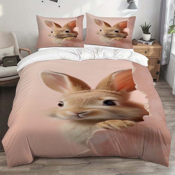 Cute Bunny Peeking Theme Bedding Set Duvet Cover and Pillowcase Set