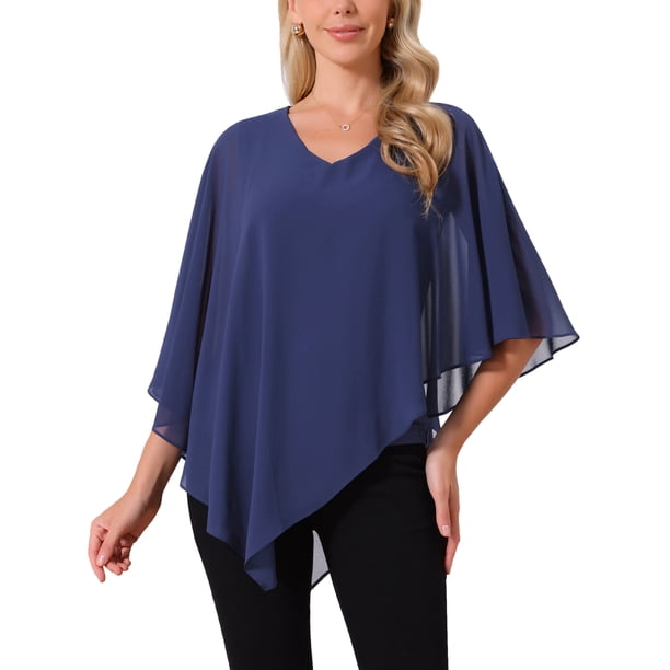 INSPIRE CHIC Blusa fluida de mujer con cuello en V, ligera, de gasa, elegante, camisa asimétrica, de doble capa, para verano, XL, azul oscuro