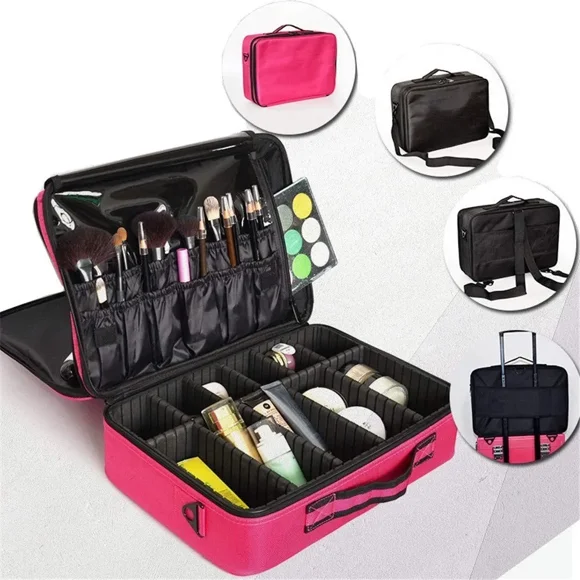 Maleta Bolso Maquillaje Portatil Cosmeticos Viaje Grande Fucsia