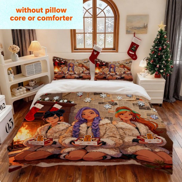 3pcs K-POP Girls' Furry Coat Gingerbread Christmas Printed Bedding Set Includes 1 Duvet Cover + 2 Pillowcases Polyester
