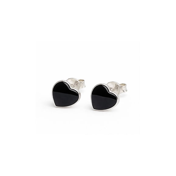 Aros Ónix Corazón Plata 950 8mm Mujer Elegantes Piedra Negra.