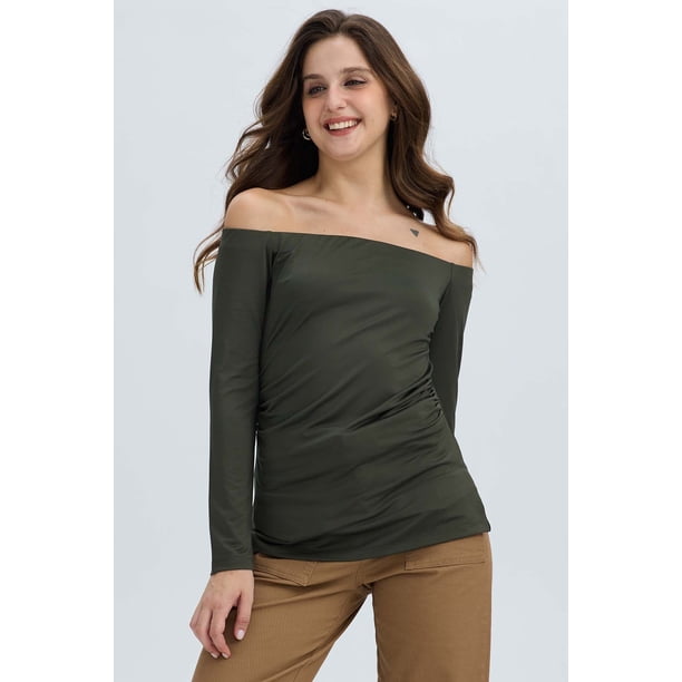 Polera Mujer Escote Bardot Verde Militar