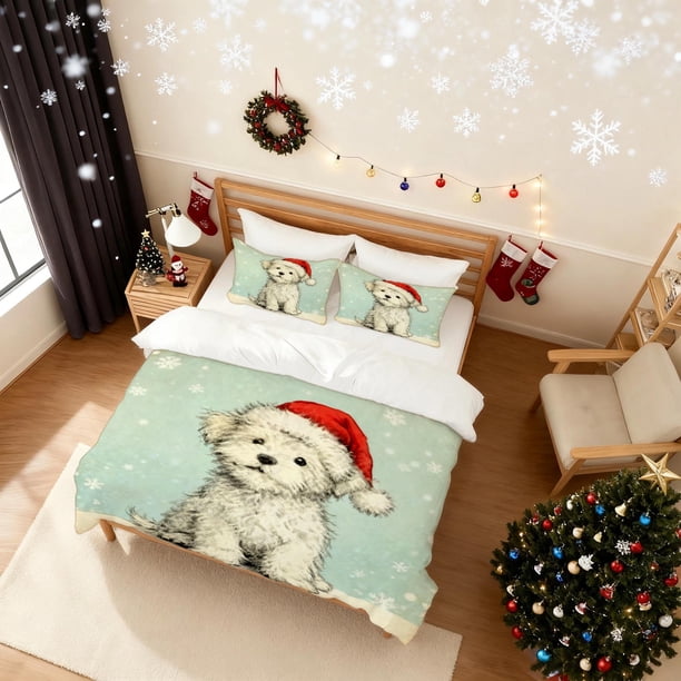 Three-Piece Christmas Cute Dog with Hat Printed Duvet Cover Set Warm and Cozy