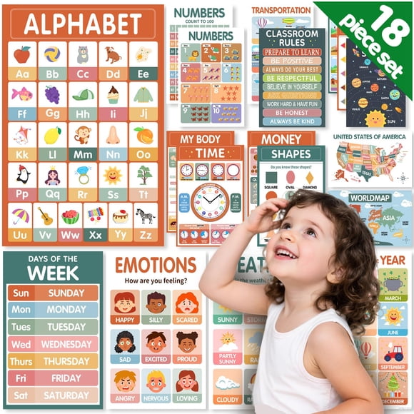 Pósters educativos para niños pequeños YKQuarnion, 18 laminados, 28 x 43 cm