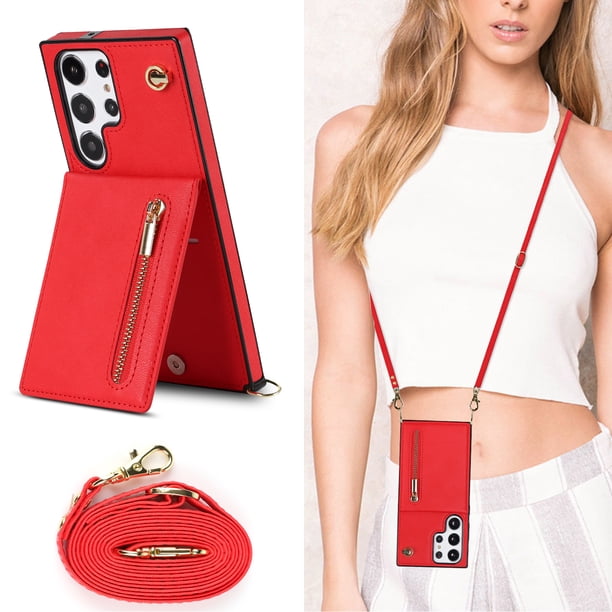 Crossbody Wallet Case Case For Samsung Galaxy S23 S22 Plus Note 20 Ultra With Card Slot Holder, Magnetic Flip Folio Purse Case, PU Leather Zipper Handbag With Detachable Lanyard Strap