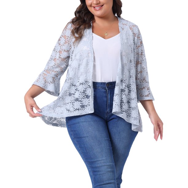 Agnes Orinda Trajes de Halloween para Mujeres Tallas Grandes Cárdigans de Escuela Universitaria Abiertos al Frente Mangas 3/4 Acampanadas Encaje Transparente Floral Cubierta Bolero Chalecos 3X Gris