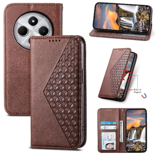 Funda Flip FOXDOCK para Xiaomi Redmi 14C 4G , Estilo Billetera con Diseño Rombo, Correa de Mano y Soporte, Uso Diario