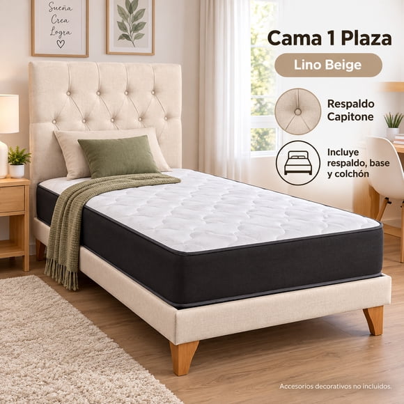 Cama europea Kumara 1 plaza con colchón y respaldo capitoné beige en lino 90x190 cm