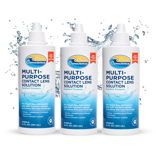 Solución para lentes de contacto Clear Conscience libre de crueldad animal, paquete de 3 unidades, 360 ml