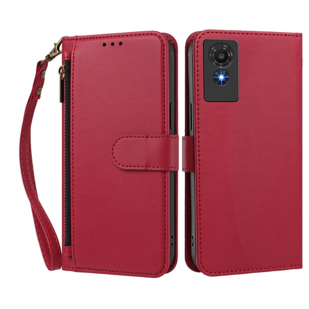 Funda Tipo Billetera para TCL 501 con Soporte y Bolsillo con Cierre Rojo