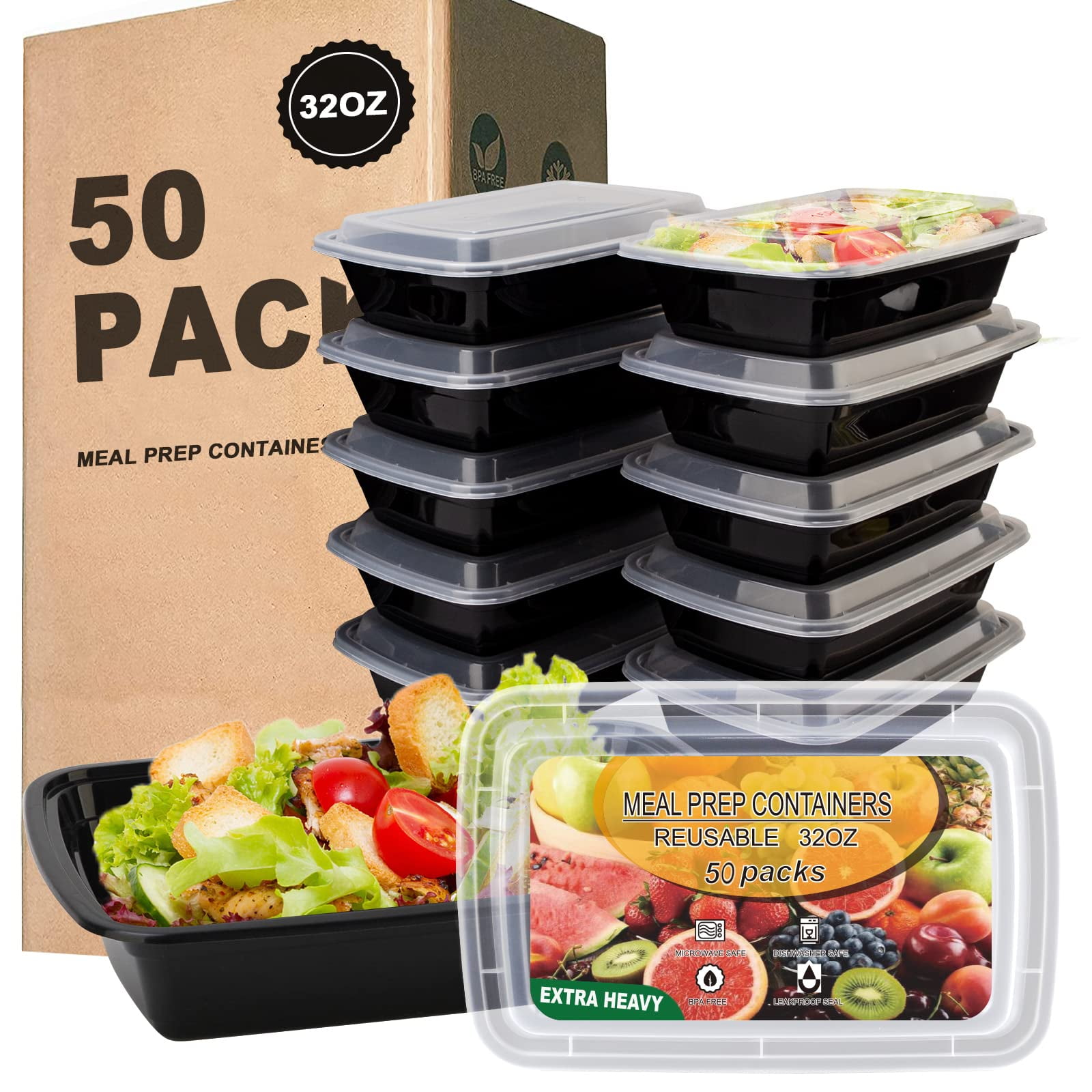 Envases Para Preparación De Comidas Ezalia, Paquete De 50 Unidades, 950 Ml, Sin Bpa