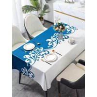 Genérico - Mantel Rectangular Antimanchas 140 X 230 Cm - Blanco Azules Hojas