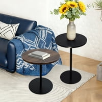 M&Ms - Set Of 2 Small Round Side Table Wooden Concentric Circles Coffee Table For Two Metal Pedestal Nightstand For Corner Small Space (Walnut Brown & Black)