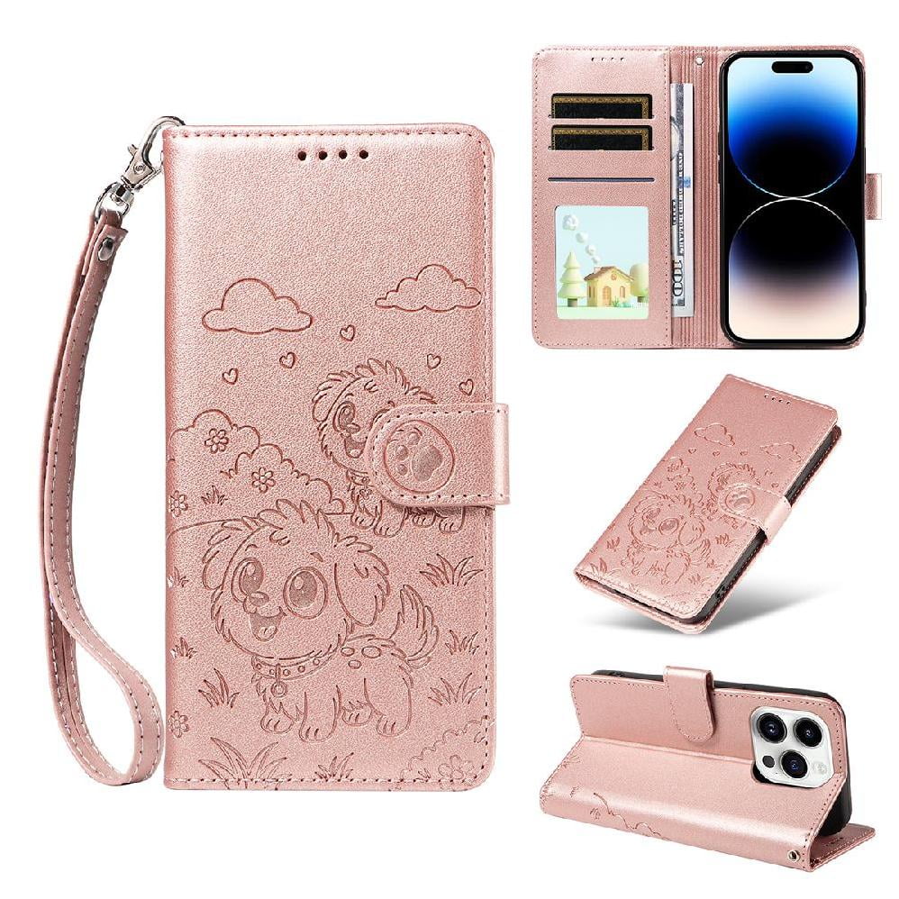 Foxdock - Funda Cartera Para Iphone 14 Pro Perro Cachorro Grabado Con Tarjetas Soporte Correa Rosa