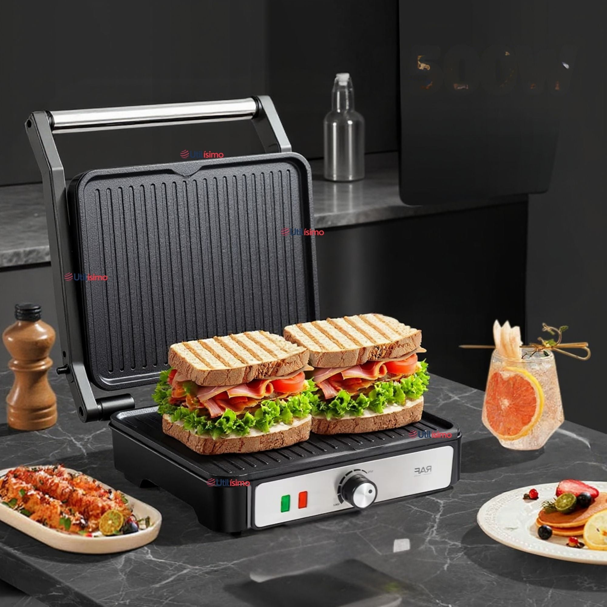 Raf - Plancha Parrillera Eléctrica 2000w Asadora Doble Cara Antiadherente